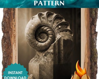 Patrón de quema de madera de fósiles de amonita: diseño de pirograbado intrincado, arte de conchas náuticas, plantilla de fósil imprimible