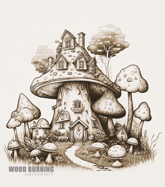 Mushroom House Pyrography Pattern – Whimsical Fairy Village