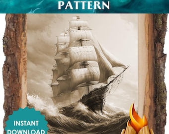 Patrón de pirograbado de barco de vela – Arte náutico de mar tormentoso (Imprimible)
