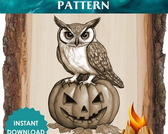 Gufo di Halloween su modello di pirografia di zucca di Halloween - Design artistico autunnale per la pirografia del legno