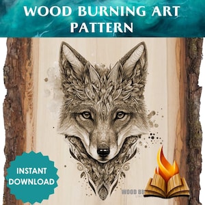 Op de afbeelding: Een houtbrandpatroon met een gedetailleerde illustratie van een vossenkop met ingewikkelde bloemmotieven. De afbeelding is op een houten achtergrond met de tekst "WOOD BURNING ART PATTERN" bovenaan.