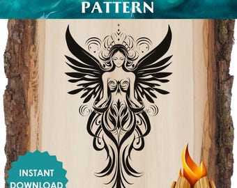 Angelic Mandala Wood Burning Pattern – Printable Pyrography Design, Celestial Tribal Angel Stencil, DIY Burn Project Template