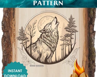 Howling Wolf Wood Branding Pattern - Druckbare Pyrografie Design, Wildtier Schablone, Mondschein Wald Vorlage für DIY Brandschutz Projekt