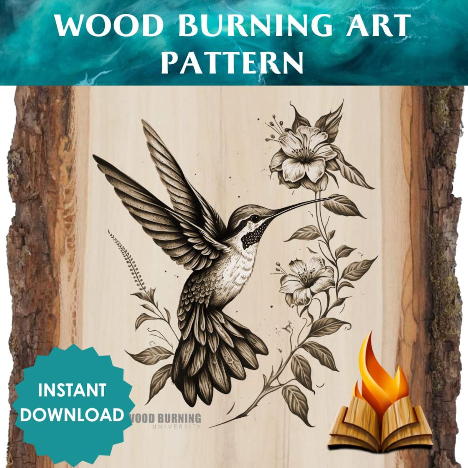 Hummingbird & Flowers Pyrography Pattern – Wood Burning Art (digital ...