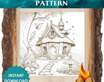 Fantasy Cottage Brandmalerei Muster - Druckbares Pyrografie Design, Feenhaus Schablone, DIY Waldbrand Projekt