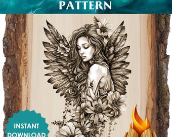 Winged Woman Wood Burning Pattern – Printable Pyrography Design with Flowers and Feathers, DIY Angelic Stencil for Burn Art