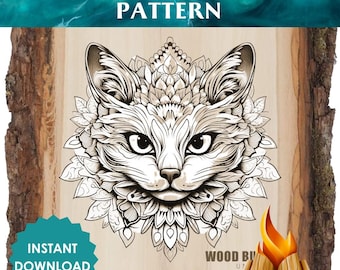 Katzen Mandala Holzgebranntes Muster - Kompliziertes Pyrographie-Design, druckbare Kunst für Katzenliebhaber, Boho Tier Mandala-Vorlage
