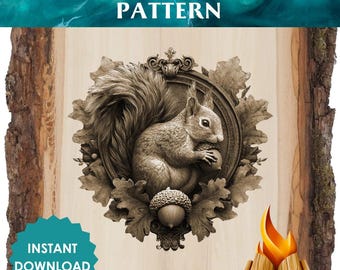 Eichhörnchen Brandmalerei-Muster, Pyrographie-Design mit Eicheln und Eichenblättern, realistische Wildtier-Schablone für DIY Brandmalerei