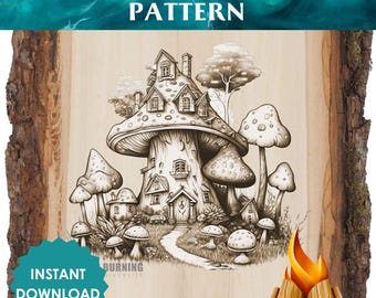 Patrón de pirograbado de casa de setas – Pueblo de hadas caprichoso (Descarga digital)