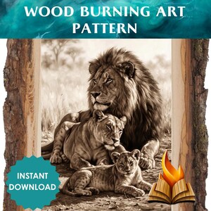 May include: A wood burning art pattern featuring a sepia-toned illustration of a lion, a lioness, and a cub resting in a grassy savanna. The image is framed by natural wood edges and includes the text WOOD BURNING ART PATTERN and INSTANT DOWNLOAD.