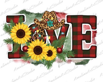 Western Christmas Sunflower PNG, Leopard Cowboy Hat (Digital Download)