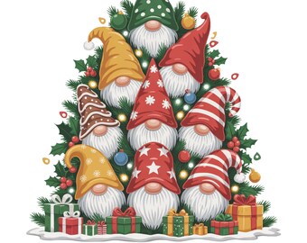 May include: A Christmas tree illustration featuring nine gnomes with white beards wearing colorful hats in red, green, yellow, and brown with patterns. The tree is decorated with lights and ornaments, with wrapped gift boxes at the base. PNG - INSTANT DOWNLOAD.