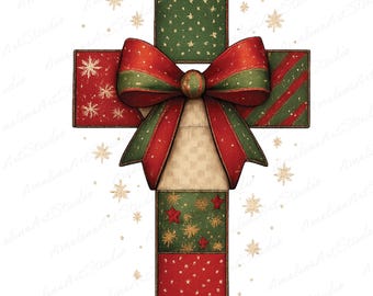 Rustic Patchwork Christmas Cross PNG, Holiday Bow Art (2400x3200)