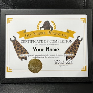 OSRS Old School RuneScape Custom Award Certificate Infernal Cape