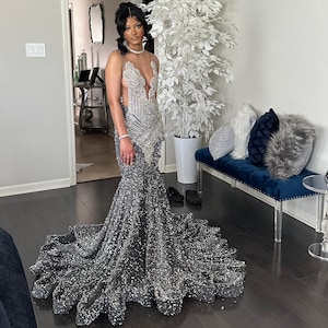 Gray Prom dress, Sequence floor length Mermaid dress, prom mermaid dress for girl ,wedding dress, reception dress, Summer hangout dress