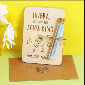 Holz-Schulstart-Geschenkkarte mit Geld - "Hurra, Ich bin ein Schulkind"-Design, dekorative Schleife & Blumen, perfekt für die erste Schultag