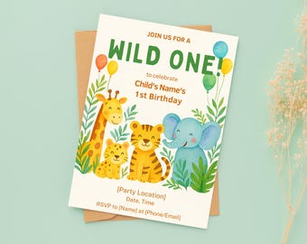 Wild One Birthday Invitation: Jungle Safari Animals, Editable Canva Template (Digital Download)