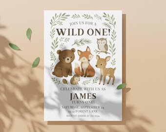 Wild One Birthday Invitation: Forest Animals, Editable Canva Template (Digital Download)