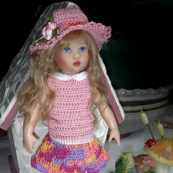 PDF PATTERN Crochet 7 1/2 8 inch Kish Riley Doll Dress Drop Waist Flared Skirt Set Wide Brim Hat