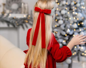 Pinza para el cabello con lazo de terciopelo rojo / Pasador de cola larga hecho a mano