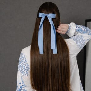 Op de afbeelding: Een lichtblauwe satijnen strik siert lang, steil bruin haar. De strik is aan de achterkant van het hoofd vastgemaakt, met lange linten. De persoon draagt een witte blouse met blauwe geborduurde details.