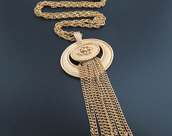Vintage Avon Gold Tassel Necklace - 1973 Ovalesque Modernist Jewelry