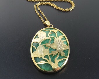 Gold Filled Jade Pendant, Jade Overlay Pendant, Asian Pendant, Jade Necklace, Floral Pendant, Green Jade Necklace