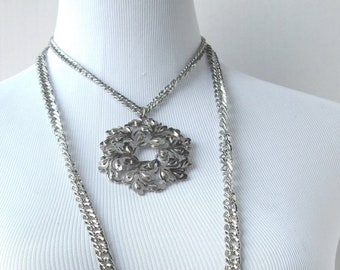 Long Silver Leaf Medallion Necklace: Boho Multi Chain Statement