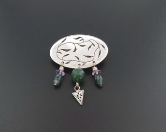 Sterling Silver Brooch, Boho Brooch, Green Jasper Brooch, Dangle Brooch, Leaf Brooch