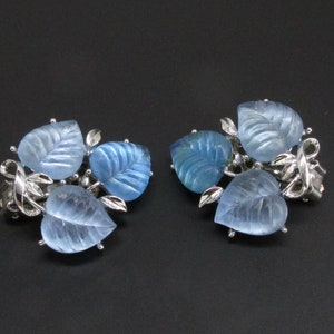 Vintage Blue Thermoset Leaf Earrings, Silver Tone Metal