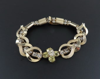 Sarah Coventry Monte Carlo Bracelet, Yellow Bracelet, Rhinestone Bracelet, Leaf Bracelet