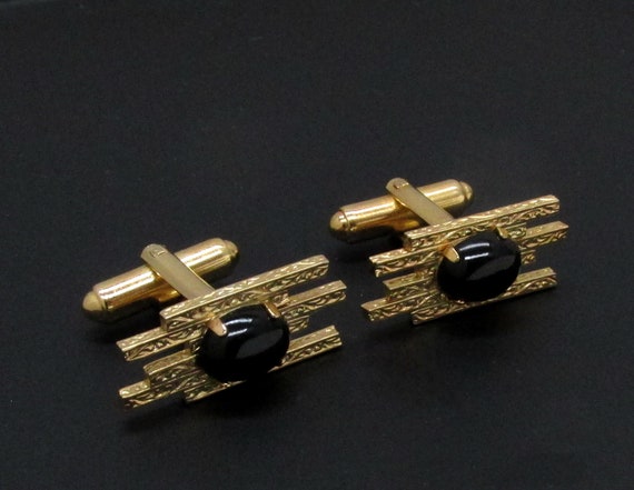 Modernist Cuff Links, Black Cuff Links, Gold Cuff… - image 2