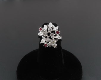 Rhinestone Cluster Ring, Red Rhinestone Ring, Uncas Ring, Statement Ring, Silver Ring, Size  5 Ring, Small Ring