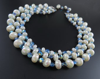 Blue Crystal Necklace, Multi Strand Necklace, White Bead Necklace, Something Blue, Bridal Necklace, Triple Strand Necklace, Beaded Necklace