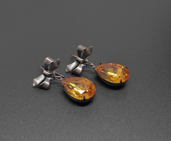 Bow Earrings, Faux Citrine Earrings, Copper Bow E… - image 1