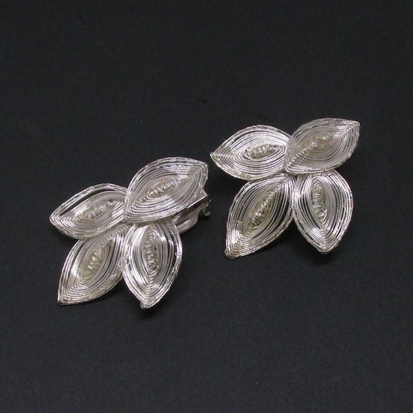 Wire Leaf Earrings, Germany Spun Wire Earrings, Pre War Jewelry, Lightweight Earrings, 1940s Earrings, Silver Leaf Earrings