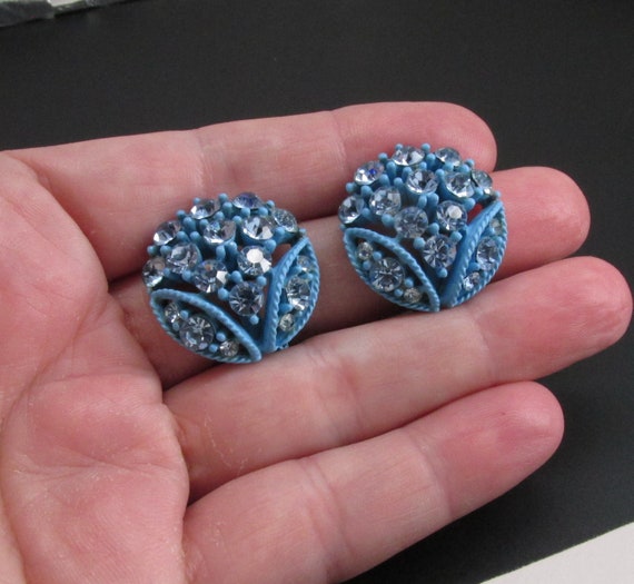 Blue Rhinestone Earrings, Blue Enamel Earrings, F… - image 5