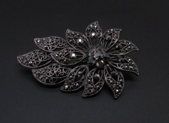 Black Flower Brooch, Faux Marcasite Brooch, Liz C… - image 2