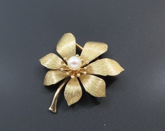 Krementz Flower Brooch, Gold Flower Brooch, Gold Filled Brooch, Pearl Brooch