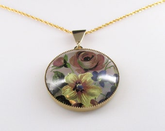 Flower Pendant, Floral Pendant, Reverse Painted Glass Pendant, Flower Necklace, Glass Necklace