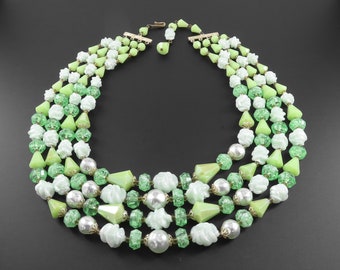 Green Multi Strand Necklace, Green Beaded Necklace, Summer Necklace, Lime Green Necklace, Summer Jewelry, Statement Necklace