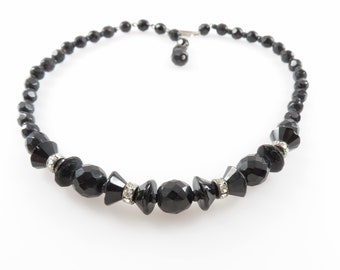 Vintage Black Glass Bead Choker: West Germany Rhinestone Necklace