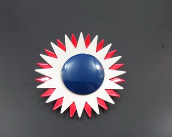 Blue Enameled Flower Brooch, Large Flower Brooch, Mod Flower Brooch, Patriotic Flower Brooch, Fourth of July Jewelry, White Flower Brooch