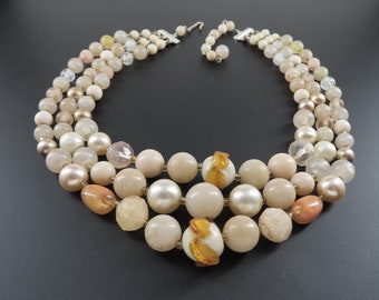 Multi Strand Glass Bead Necklace, Orange Bead Necklace, Neutral Color Necklace, Japan Necklace, Layered Necklace