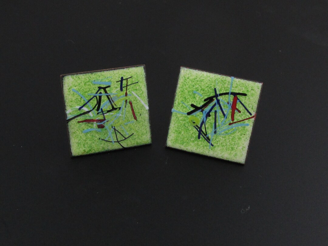 Boutons De Manchette Mid-century Modern - En Cuivre Et émail Vert/rouge, Occasion
