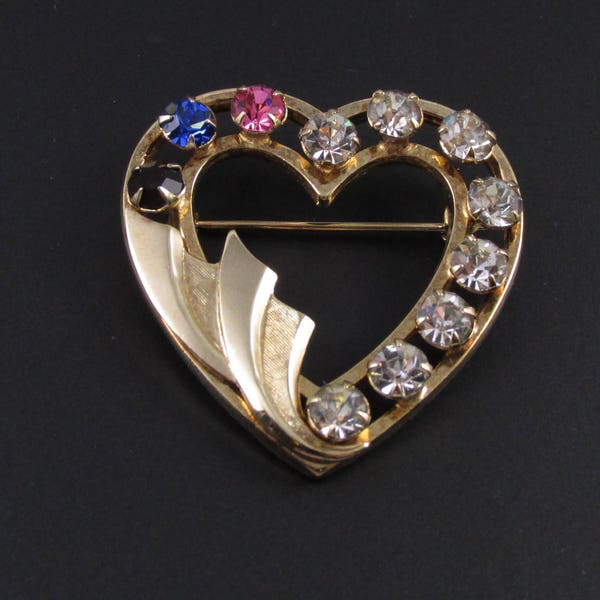 Catamore Gold Filled Heart Brooch, Rhinestone Brooch, Rhinestone Heart Brooch, Valentines Brooch, Heart Jewelry