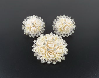 Shell Flower Earrings, Shell Flower Brooch, Shell Rhinestone Earrings, Shell Rhinestone Brooch, Shell Cluster Brooch, Shell Cluster Earrings