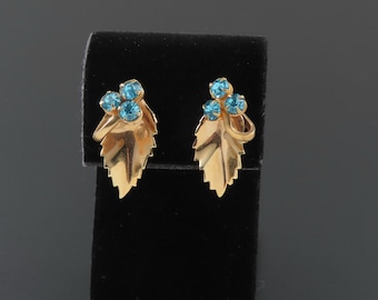 1940s Leaf Earrings. Retro Earrings, Gold Earrings, Rhinestone Earrings, Blue Rhinestone Earrings