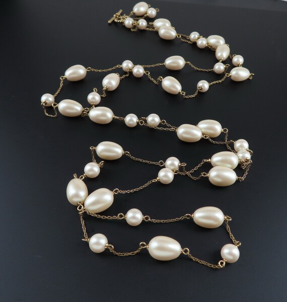 Long Faux Pearl Necklace, Monet Necklace, Gold Cha
