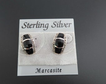 Sterling Silver Marcasite Earrings, Sterling Silver Earrings, Black Earrings, Sterling Earrings